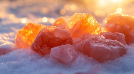 Glowing salt crystals scattered over a snowy surface. The warm light enhances their natural hues, creating a captivating scene that showcases the beauty of nature and minerals.