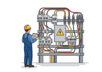An electrician in overalls and a hard hat inspects a complex electrical panel using a tablet, surrounded by colorful wiring and switches.