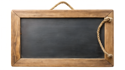 Rustic wooden chalkboard with rope detail isolated on transparent background, suitable for menu, message, or decoration with copy space available