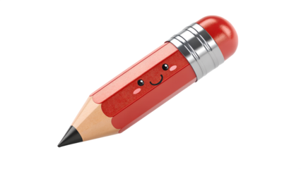 Cute cartoon pencil with a happy face isolated on transparent background, perfect for school, education, or creative design projects