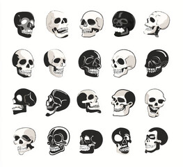 Collection of Stylized Human Skulls in Black and White for Halloween and Horror Designs with Various Perspectives