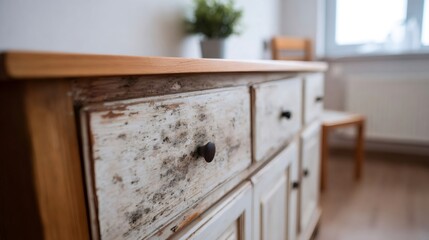 Mold growing on old wooden furniture in empty room