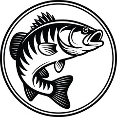 Fototapeta premium Black and white illustration of a largemouth bass jumping inside a circular frame silhouette