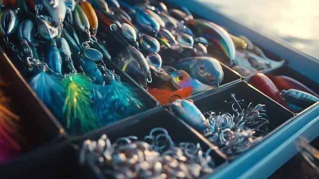 Fishing Lures: Colorful Baits in Tackle Box on Boat, Ready for Action