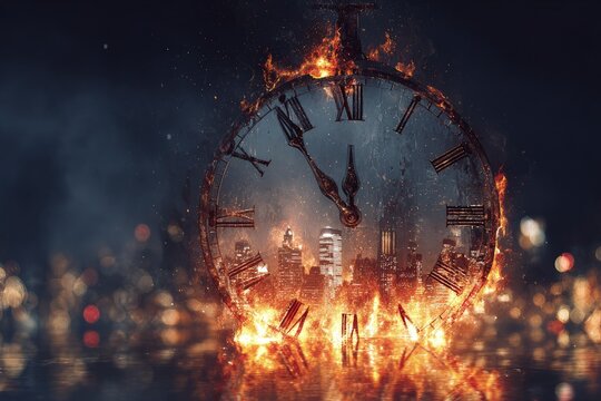 Burning Clock Over Cityscape At Night