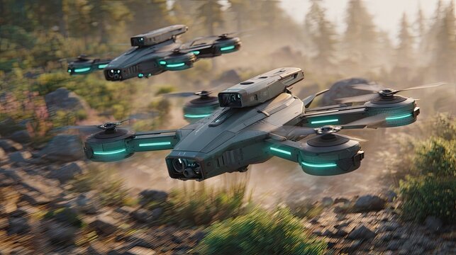 Advanced Military Drones Flying Over Rocky Terrain