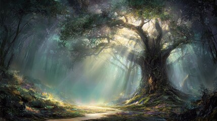 Magical Forest Pathway With Glowing Tree