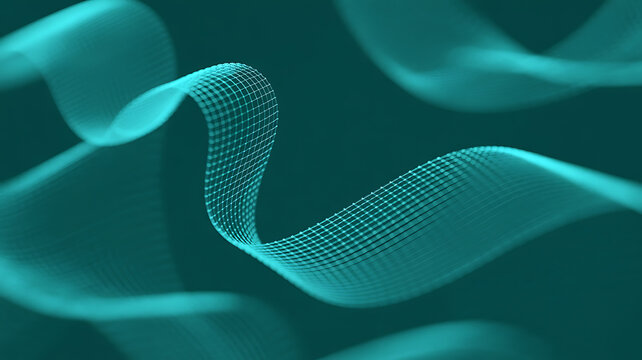 Teal, swirling, digital ribbons on a dark background.
