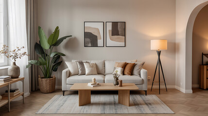 Obraz premium Neutral-toned living room with a beige sofa, wooden coffee table, and abstract art. 