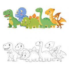 Naklejka premium Set of funny cartoon animals including dinosaur giraffe elephant lion cat dog and bird in a colorful vector illustration for kids and wildlife fun collection