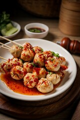 Thai Grilled meatballs with dipping  sauce in white plate
