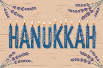 Festive Hanukkah-themed artwork featuring glowing candles above text and decorative leaves, symbolizing Jewish traditions, celebrations, and seasonal design elements – Generative AI.
