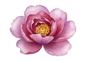 Photo of a beautiful watercolor painting features a single pink peony flower, isolated on transparent background, with its soft petals and intricate details