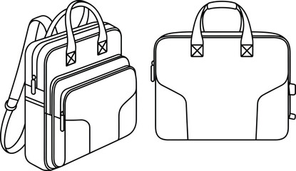 Stylish laptop bags, backpack and briefcase design, professional use, student friendly, durable material, versatile compartments, modern look, vector illustration