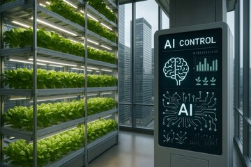 Lettuce growing in a vertical farm is monitored by artificial intelligence inside a skyscraper