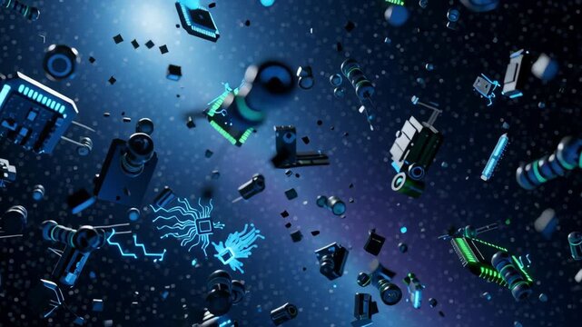Floating electronics and microchips space with glowing circuit board patterns for digital circuit