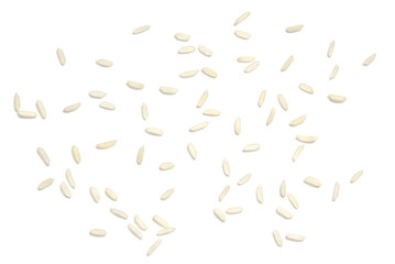 Rice grains isolated on white background. Top view. Flat lay. 