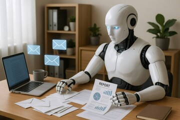 Humanoid robot sitting at desk managing emails and analyzing reports in modern office, showcasing automation and ai in business