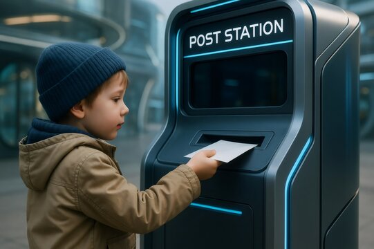 Young boy inserting envelope into modern, automated post office kiosk in a technologically advanced city environment
