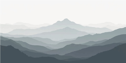 Misty morning mountain landscape with foggy hills, clouds, and forested peaks