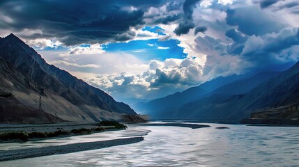 Scenic view of the Indus River, a historic waterway flowing through Pakistan and India, featuring calm waters, fertile riverbanks, traditional boats, rural villages, and lush vegetation