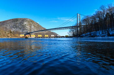 View of the Bear Mountain Bridge and Hudson River in winter