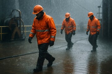 Industrial workers wearing orange high visibility jackets and helmets walking under heavy rain on oil rig platform