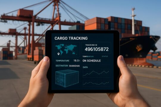Logistics manager holding tablet displaying cargo tracking information, with port in background - Powered by Adobe