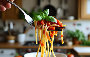 Fork of spaghetti with tomato sauce and basil stock 
