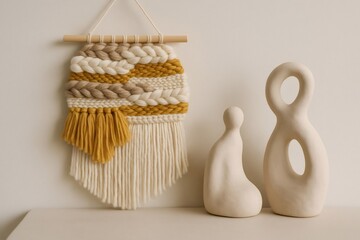 Macrame wall decor with neutral colors and handmade ceramic figures adding a touch of bohemian style to a modern interior