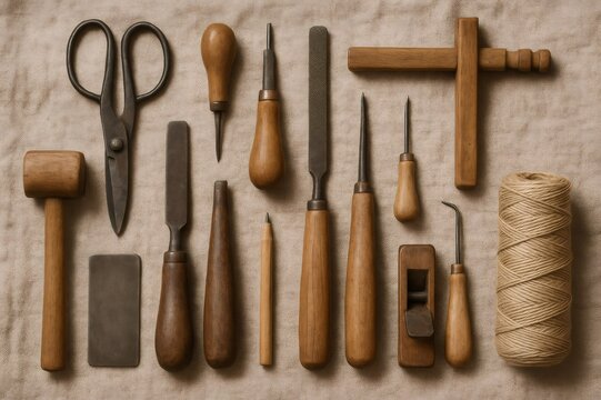 Various woodworking and crafting tools are meticulously organized on a linen canvas, highlighting the importance of precision and craftsmanship