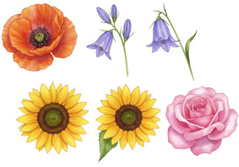 Photo of a colorful collection of poppy, bellflower, sunflower, and rose flowers isolated on transparent background