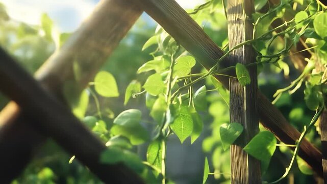 Lush Green Vines Climbing Wooden Trellis, Sunlight, Nature's Beauty.