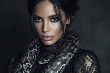 Mysterious brunette woman with smoky eyes and python on shoulders, wearing black lace dress, dark studio background, Ophiuchus zodiac theme, intense gaze, symbolism of transformation and power
