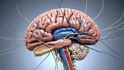 Anatomical illustration depicting human brain with blood vessels and nerves on a grey background