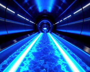 Advanced water purification system interior. Modern UV disinfection basin with submerged ultraviolet lamps and a striking deep blue glow enhances water clarity.