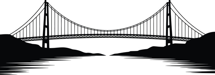 Iconic suspension bridge silhouette spanning a calm river with dark hills on both sides