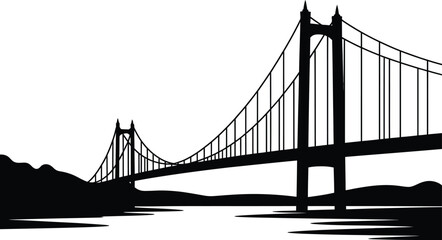 Obraz premium Iconic suspension bridge structure spanning across a wide river with distant hills in the background silhouette