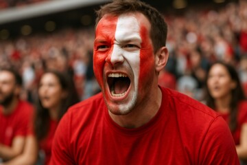 Passionate fan with a painted face cheers enthusiastically amidst a lively crowd in a stadium, showcasing the excitement and energy of a sporting event