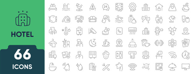 Hotel, Motel, and Hostel line icon set. Includes 66 outline icons related to accommodation, travel stay, booking, service, and hospitality. Linear icon collection. Editable stroke.