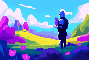 Colorful fantasy landscape with knight holding cat, vibrant meadows, castle in the distance, and stylized cartoon scenery
