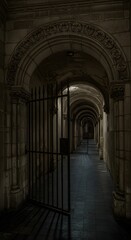 Fototapeta premium Moody Stone Archway with Metal Gates and Tiled Passage in Dark Interior