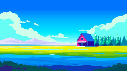 Colorful countryside landscape with house, forest, river, and mountains under blue sky in flat vector style
