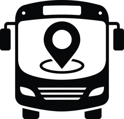 Front view of a black bus silhouette with a prominent location pin icon on its windshield signifying travel and navigation
