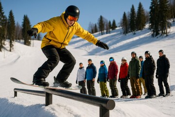 Snowboarder performing a slide on a rail in a snowpark, with a group of spectators watching in the background