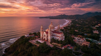 Obraz premium Sayulita mexico cathedral at sunset aerial view travel destination church architecture and beach landscape scene