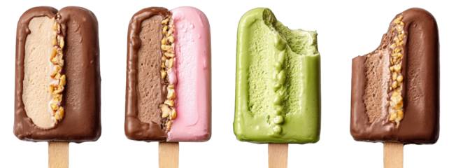 Three colorful ice pops, two with chocolate, one with a bite taken out