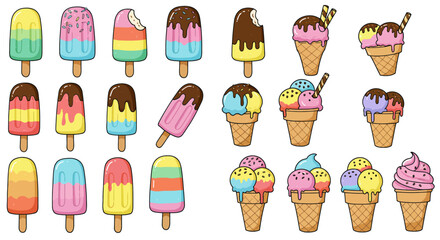 Colorful cartoon ice cream and popsicle illustration set in flat style. Includes various frozen treats like cones, scoops, and bars. Perfect for summer, kids, packaging, or playful food designs
