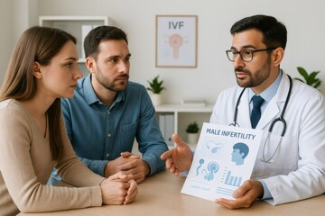 Doctor showing infographic about male infertility to a worried couple during medical consultation in a clinic