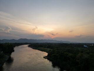 Sunset over River Kwai in Kanchanaburi, Thailand – Serene Landscape Aerial